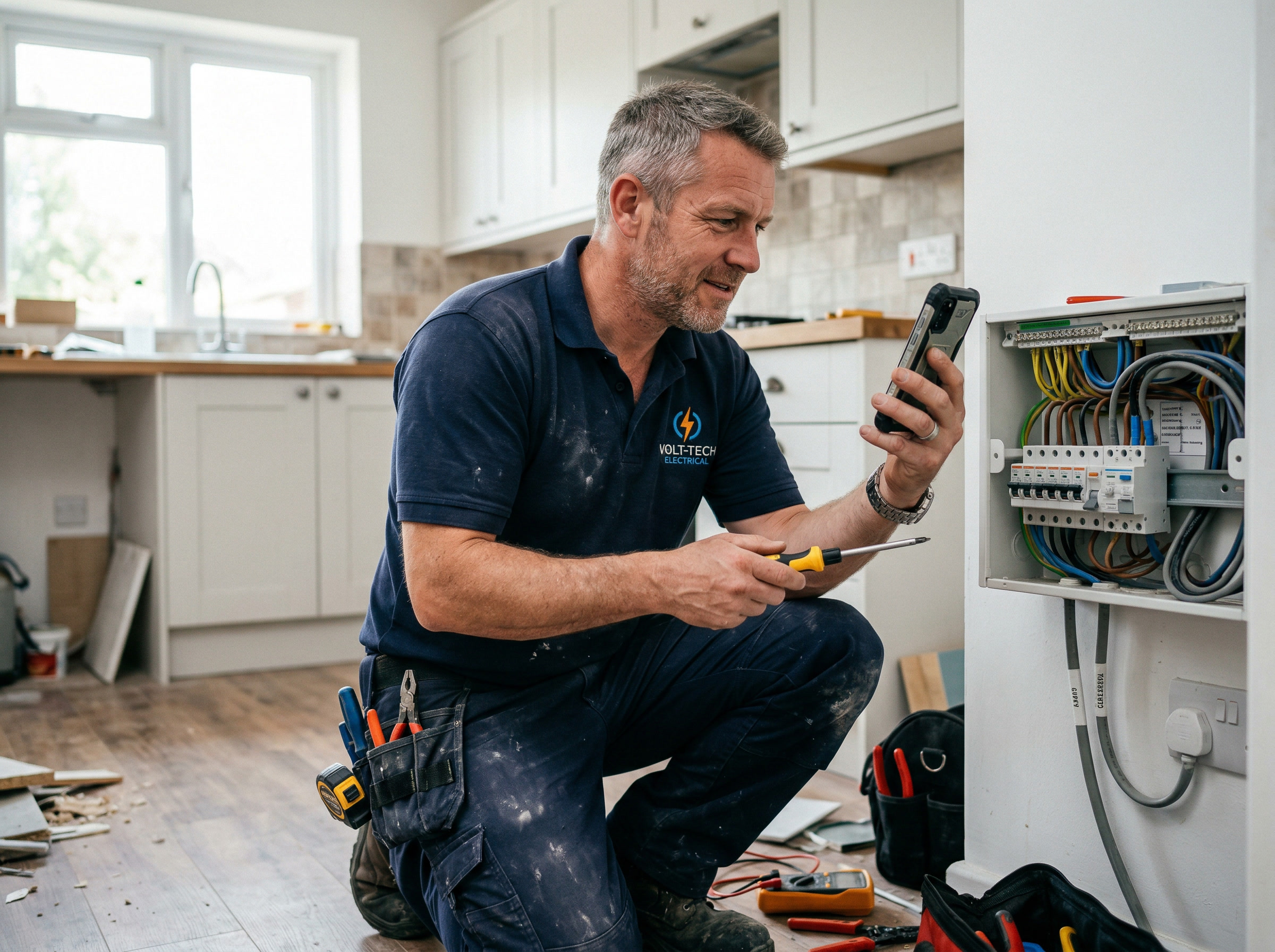 UK tradesperson on a job site, holding mobile phone while working